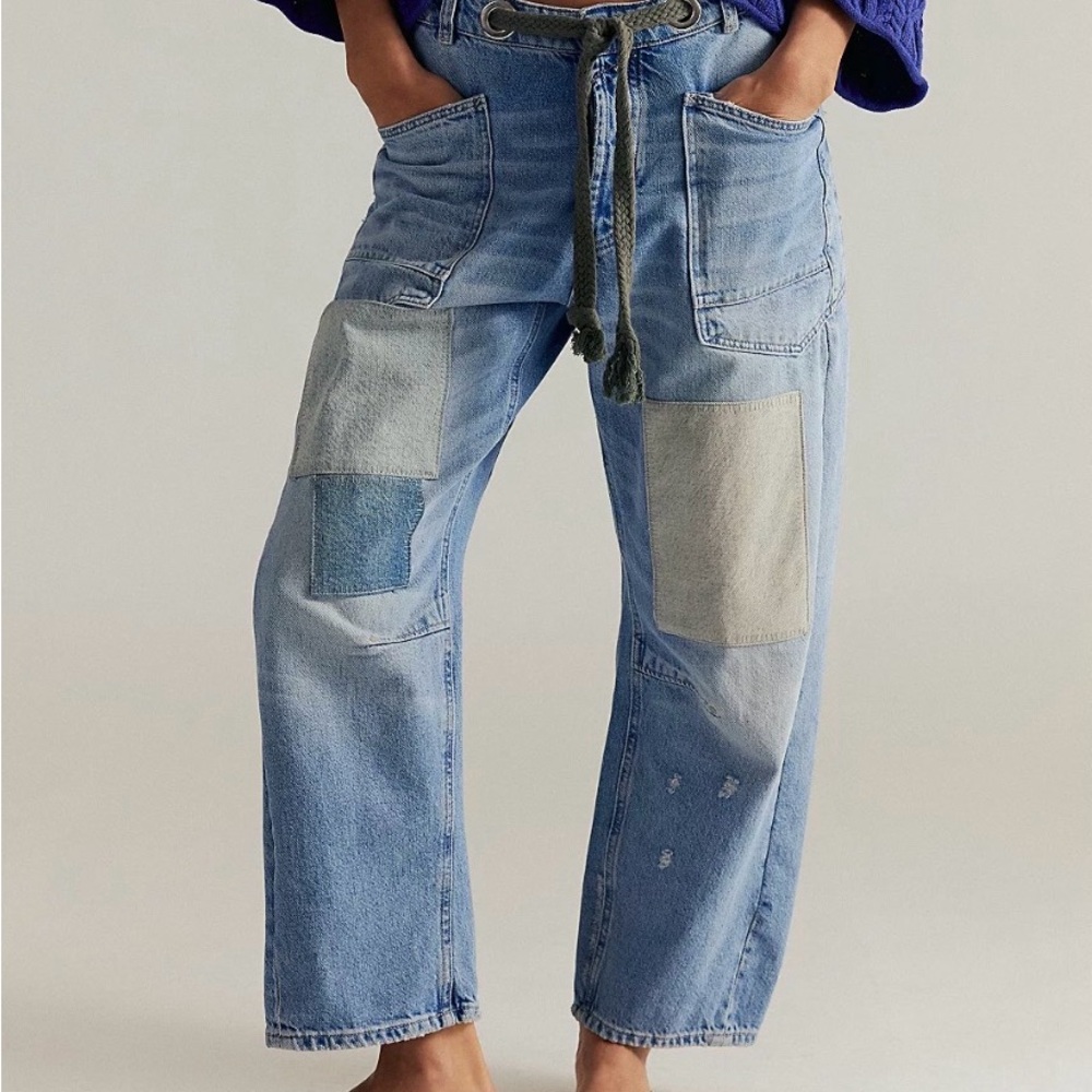 We The Free Patchwork Moxie Low Slung Pull -On Barrel Jeans - Blue and Gray